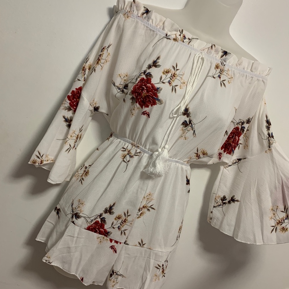 White Off-Shoulder Floral Print Romper